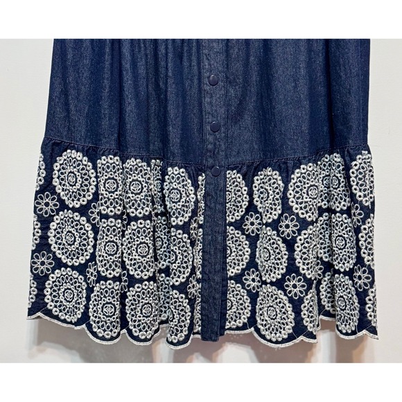 Solitaire Cottagecore Denim Maxi‎ Shirt Dress Size XL Embroidered Eyelet Western - Picture 2 of 8